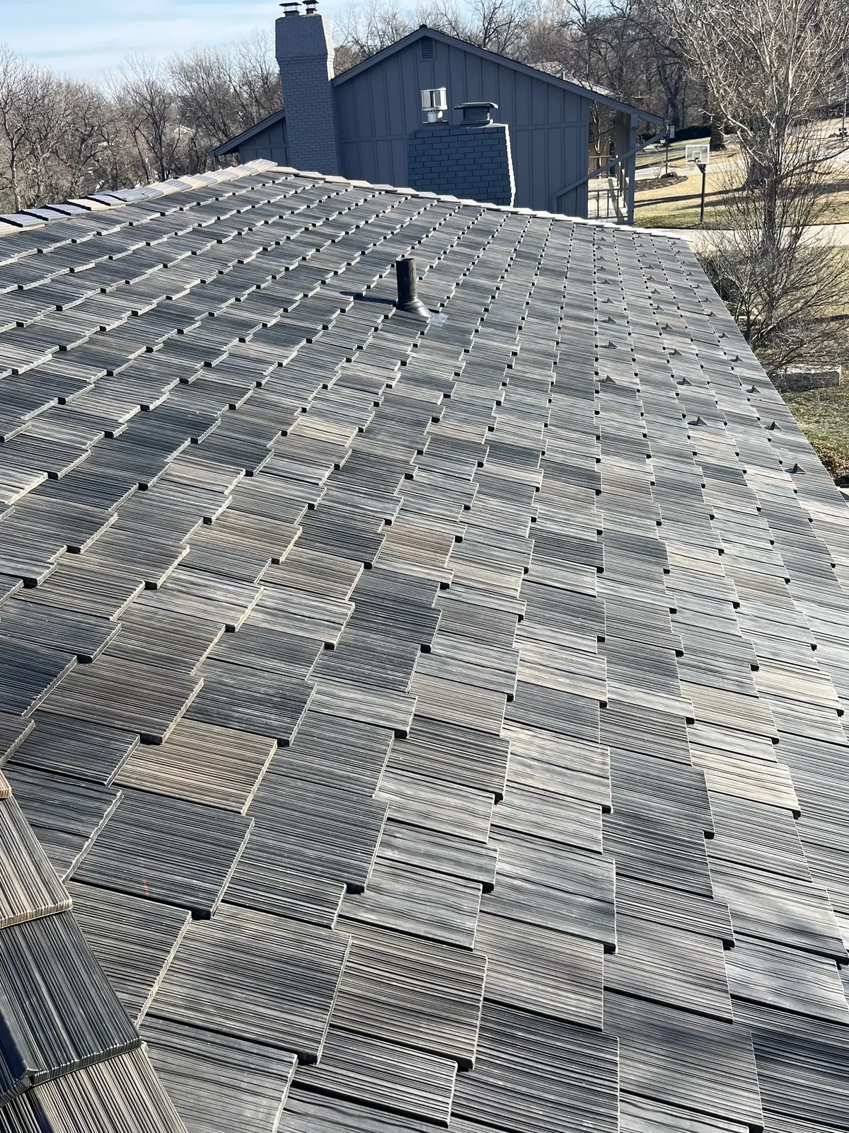 Overview of a new cedar shake roof after replacement